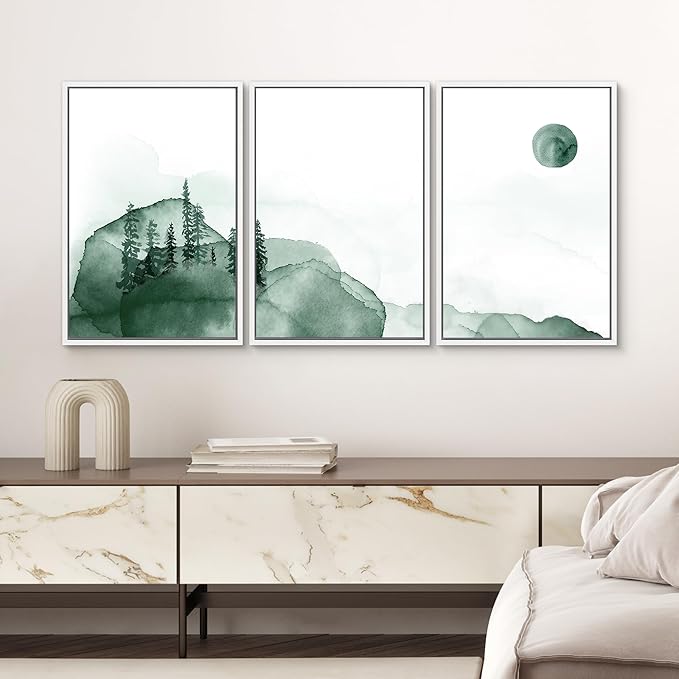 SIGNWIN 3 Piece Framed Canvas Wall Art Green Watercolor Landscape with Moon Nature Wilderness Illustrations Abstract Traditional Home Artwork Decoration for Living Room,Bedroom - 24"x36"x3 White