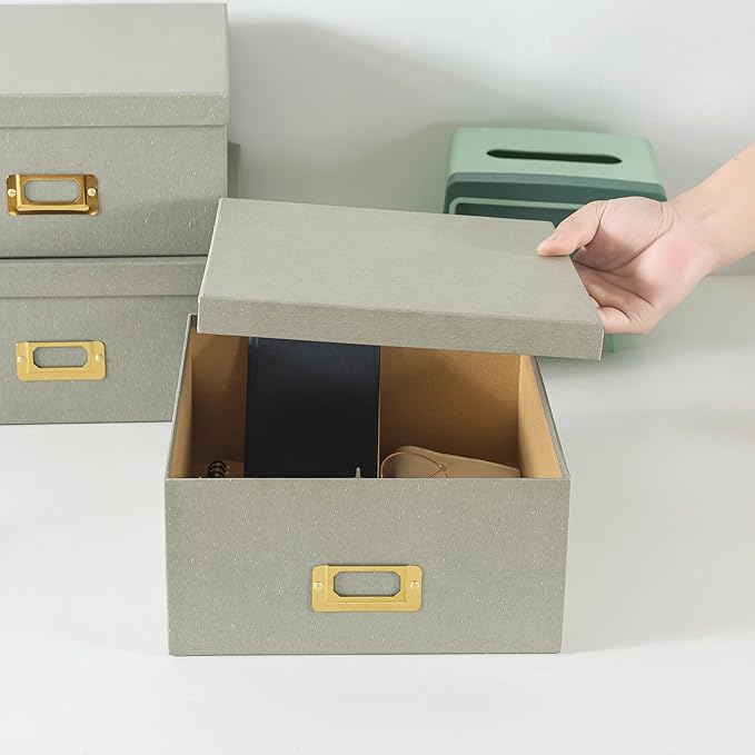 Soul & Lane Gray Kraft Paper Boxes for Storage, Set of 3 Square Stacking Boxes with Lids and Gold Label Holders, Decorative Cardboard Photo Storage for Decor and Organizing