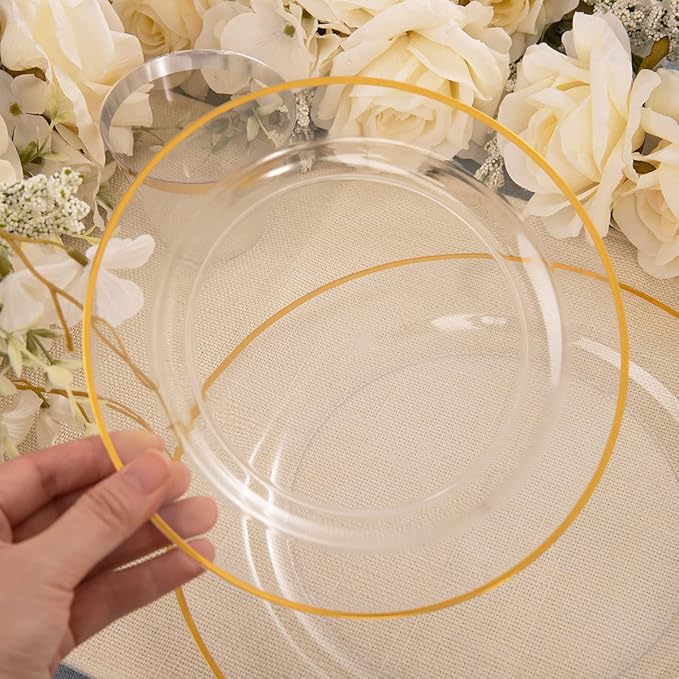 SUT 150 PCS Gold Plastic Plates, Disposable Clear Gold Dinnerware Set with Cups, Includes: 25 Dinner Plates, 25 Dessert plates, 25 Cutlery, 25 Cups, Prefect for Party, Wedding & Shower