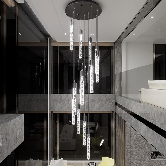 Flashing God Modern LED Chandelier, 10 Lights Black Dimmable Pendant Light with Remote High Ceiling Chandelier for Staircase Living Room Hallway Foyer
