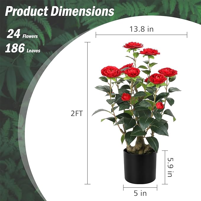 Romantic Season 2FT Red Artificial Camellia Tree 2Pack, Faux Camellia Plant Fake Potted Camellia Flower Tree for Modern Home Office Living Room Floor Décor