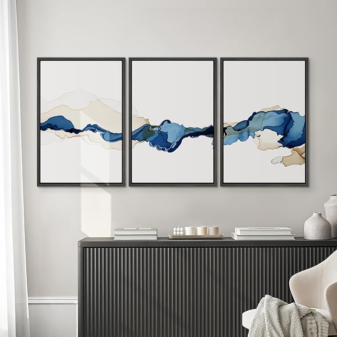 SIGNWIN 3 Piece Framed Canvas Wall Art Blue and Brown Watercolor Nature Wilderness Illustrations Abstract Traditional Relax/Calm Home Artwork Decoration for Living Room,Bedroom - 24"x36"x3 Black