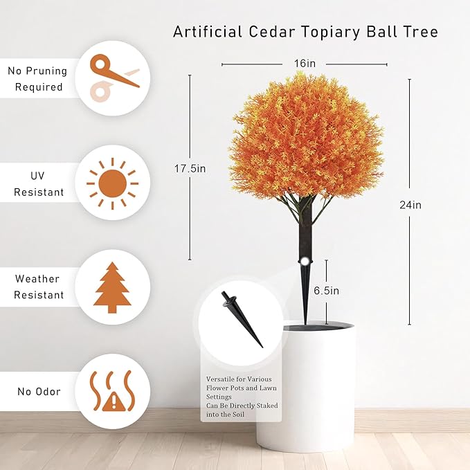 24" Fall Cedar Topiary Trees Artificial Outdoor, Set of 2 Faux Bushes and Shrubs with Ground Spike, UV Resistant Realistic Large Fake Ball Plants for Front Porch Outside Planters Backyard Decor