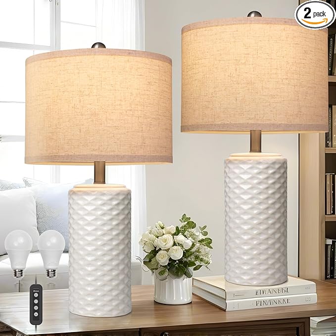 23" Bedside Lamps Set of 2, Dimmable Ceramic Table Lamps for Night Stands Modern Farmhouse Bedroom Lamps with Timer, Nightstand Table Lamps for Living Room End Table, Beige, LED Bulb Included
