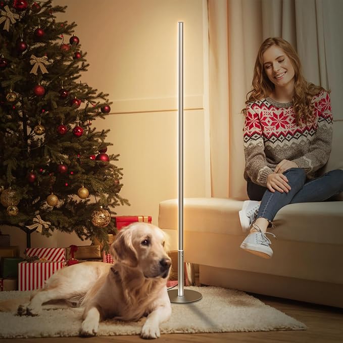 Marlrin Minimalist Corner Floor Lamp 2700K-6500K Dimmable with Remote Control 57.8" Height Metal Slim Ambient Standing LED Light Modern Design Decorative Lamp for Living Room Bedroom (Silver)