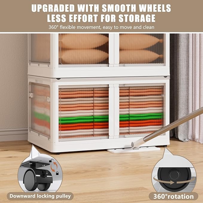 128 GAL Large Plastic Stackable Storage Bins with Wheels and Lids - Collapsible Closet Organizer for Bedroom, Kitchen, Office