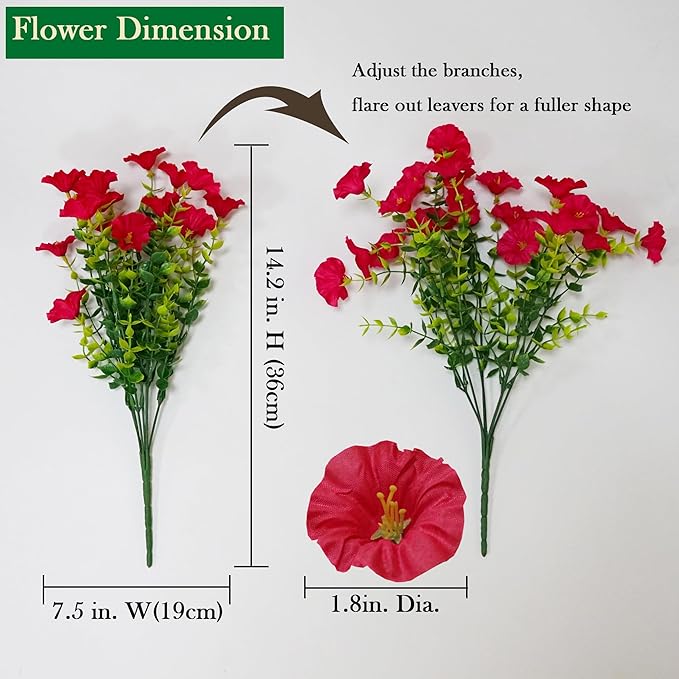 Artificial Outdoor Flowers Fake Plants for Spring Summer Decoration 20 Bundles Silk Morning Glory + 6 Eucalyptus Stems UV Resistant Colorful Faux Flowers for Outside Planter Porch Yard Patio Balcony
