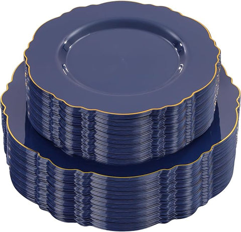 WDF 100pcs Blue Plastic Plates - Baroque Blue&Gold Disposable Plates for Parties/Wedding-50Plastic Dinner Plates 10.25in, 50Salad Plates 7.5in