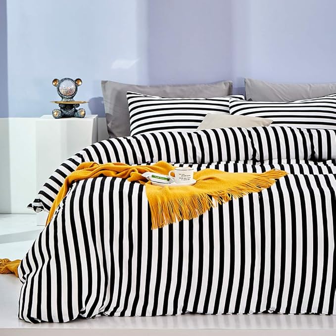 CLOTHKNOW Striped Twin/Twin XL Comforter Sets 3Pcs Black White Bedding Comforter Sets Farmhouse Comforter Soft Ticking Bedding with 2 Pillow Cases