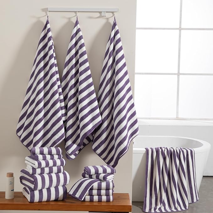 18 Pcs Purple Cabana Stripe Family Towels Set with Hanging Loop-6 Bath Sheets,6 Hand Towels,6 Washcloths Ultra Soft Bathroom Towel Highly Absorbent Quick Dry Shower Towel for Beach Chair,Spa,Gym,Hotel