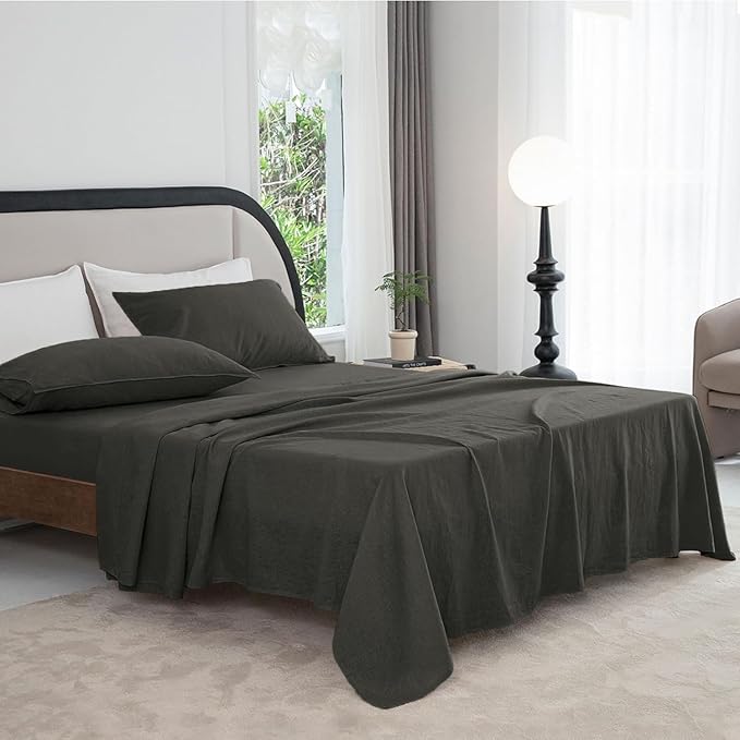 Talasily Linen Sheets- California King Size Sheets Set,Blend from Linen Cotton Bedsheets,All Seasons Soft Breathable 4 Piece Set-Dark Grey