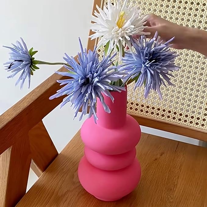 BLOFLO Hot Pink Ceramic Vase, Colorful Ceramic Vase, Modern Dried Flower Vases, Pink Round Vase for Centerpieces Wedding Dinner Table Party Office, Housewarming Gift (3 Layers Pink)