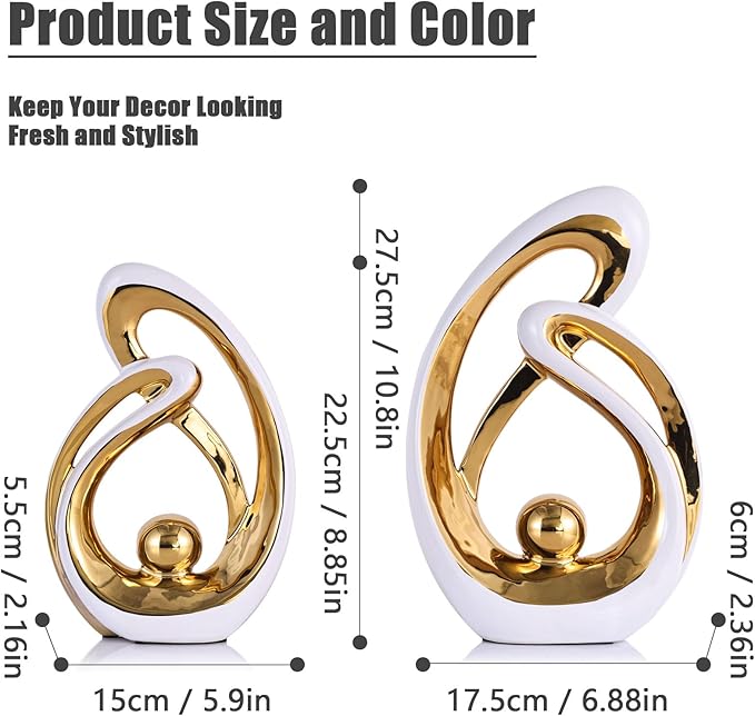 Home Decor Accent,Porcelain Art Mid Century Bookshelf Decorations,Gold Centerpieces for Tables,Abstract Ceramic Statue Sculpture for Coffee Table Mantel Tv Stand Centerpieces (White Gold, Large)