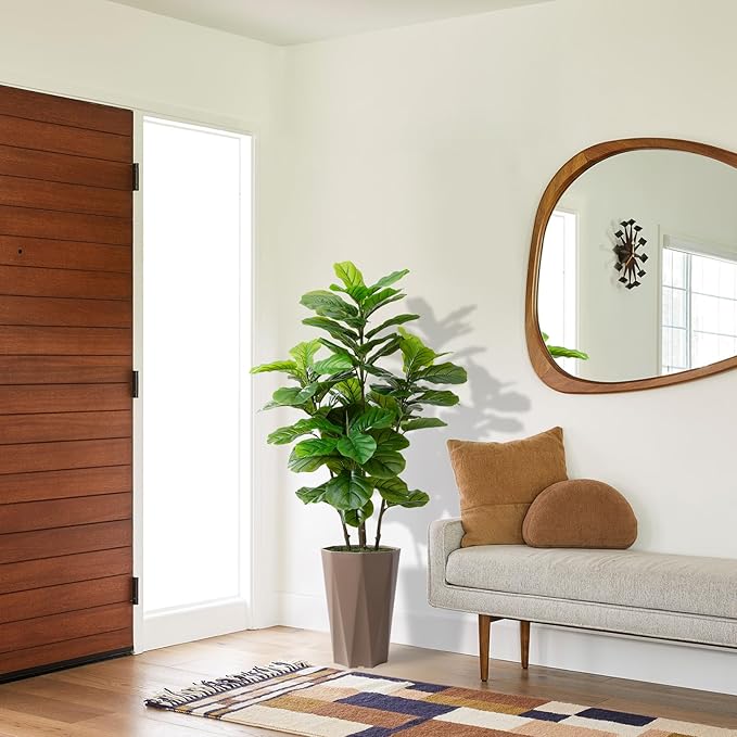 Artificial Fiddle Leaf Fig Plant Indoor 5FT Faux Fig Tree with Mocha Diamond Planter Tall Fake Floor Plant Potted Artificial Trees for Home Office Living Room Decor Indoor