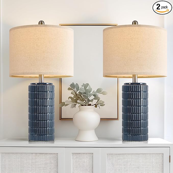 PoKat 23" Blue Table Lamps, Farmhouse Bedside Lamps for Bedroom Set of 2, Ceramic End Table Lamps for Living Room, Traditional Nightstand Desk Lamps, Medium