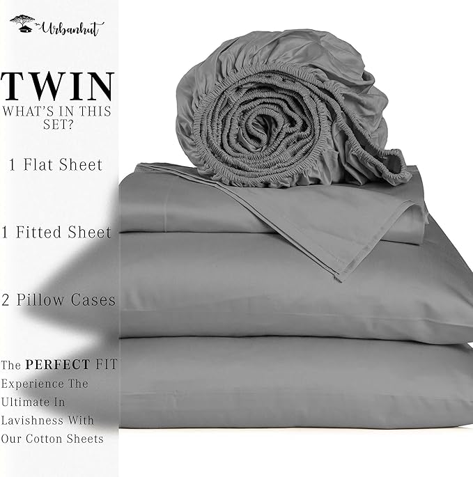 URBANHUT 700 Thread Count Egyptian Cotton Sheets Twin Size, 4Pc Sheet Set Soft Luxury Bed Sheets for Twin Size Bed, Sateen Weave Hotel Sheets, 14'' Elasticized Deep Pocket - Dark Grey