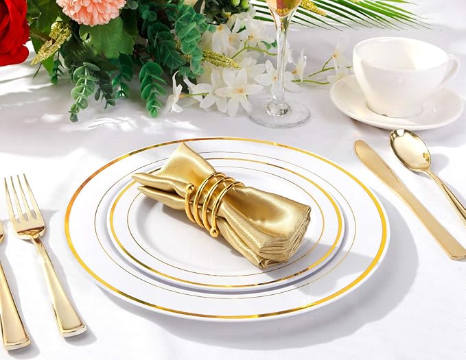 bUCLA 100Pieces Gold Plastic Plates-7.5inch White and Gold Disposable Salad/Dessert Plates - Ideal for Weddings, Party