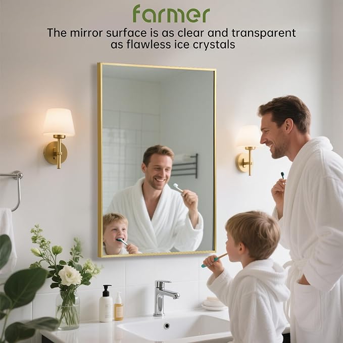 FARMER 24x36 Inch Gold Bathroom Mirror, Rectangle Wall Mounted Mirror, Vanity Mirror, Brushed Square Mirror, Framed Bathroom Mirror for Bedrooms, Entryways, Living Rooms, Horizontal/Vertical