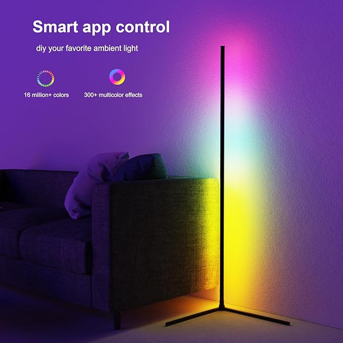 Corner Floor Lamp, 60”Smart RGB LED Floor Lamp with App and Remote Control,High Brightness Led,16 Million Colors, Music Sync, Timer Setting, Mood Lighting,Ideal for Living Rooms, Bedrooms.