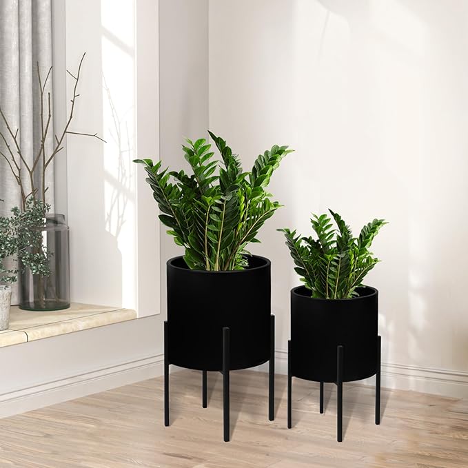 ARNIS Modern Plant Pots, Large Planters with Stand, Set of 2 Decorative Planters, Metal Plant Pots with Drainage Holes for Living Room, Office, Garden or Balcony, 10.5 &12.25 Inch, Black