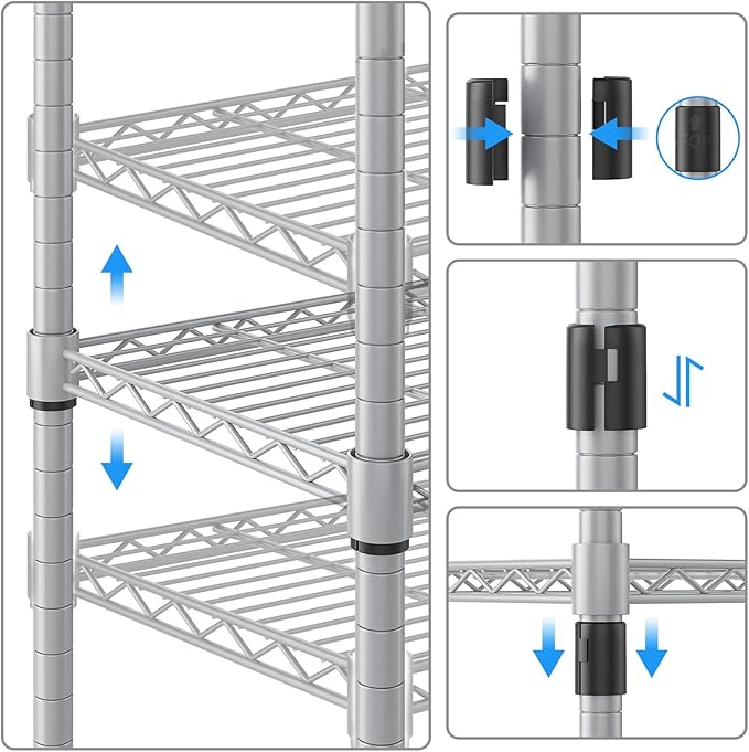 Homdox 5 Tier Adjustable Rolling Storage Shelves, Heavy Duty Wire Racks and Shelving, Metal Shelves for with Side Hooks Pantry Closet Kitchen Garage Organization, Silver Gray