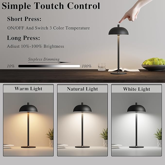 2 Pack Rechargeable Cordless Table Lamp - 5000mAh Battery Powered Lamp, 3 Color Stepless Dimming Portable LED Table Light for Restaurant, Patio, Home, Dinner.(Black)