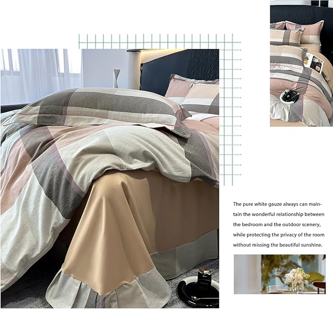 VM VOUGEMARKET Brushed Cotton Duvet Cover Set King,Brown Plaid Geometric Duvet Cover Matching 2 Pillow Shams,Soft Warm Cozy Bedding Set for Men Women