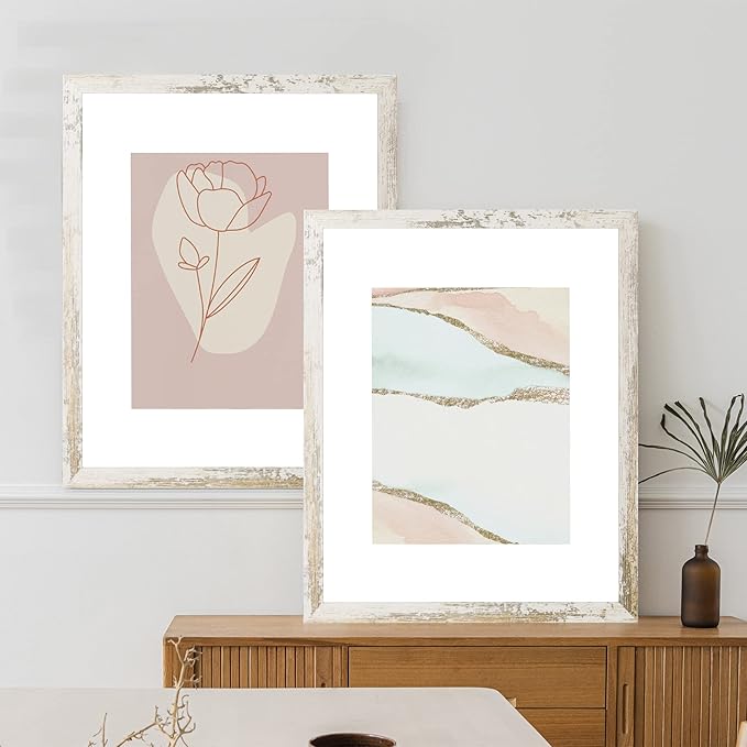 16x20 Frames Set of 2, Distressed White Wood Style - Display 16 x 20 Picture without Mat or 11x14 Picture with Mat, Wall Mounting Horizontal and Vertical