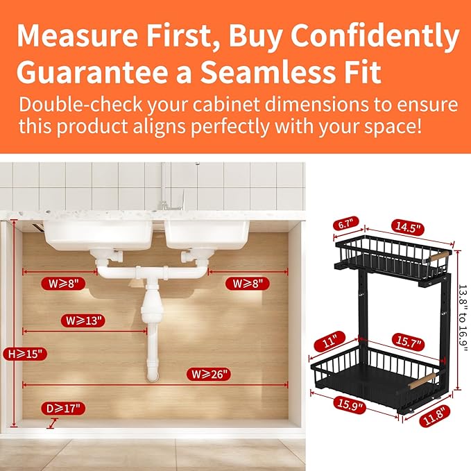 Under Sink Organizer, Under Sink Organizers and Storage, 2-Tier Pull Out Under Cabinet Organizer Storage Shelf, Metal Frame, Height Adjustable Rack for Bathroom Kitchen Pantry