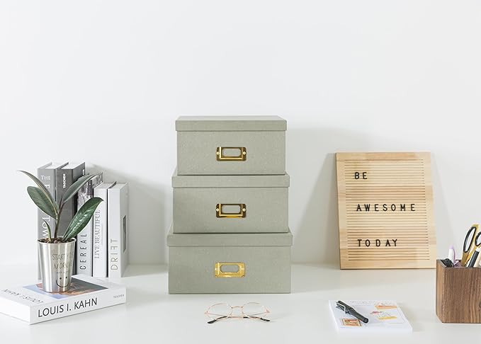 Soul & Lane Gray Kraft Paper Boxes for Storage, Set of 3 Square Stacking Boxes with Lids and Gold Label Holders, Decorative Cardboard Photo Storage for Decor and Organizing