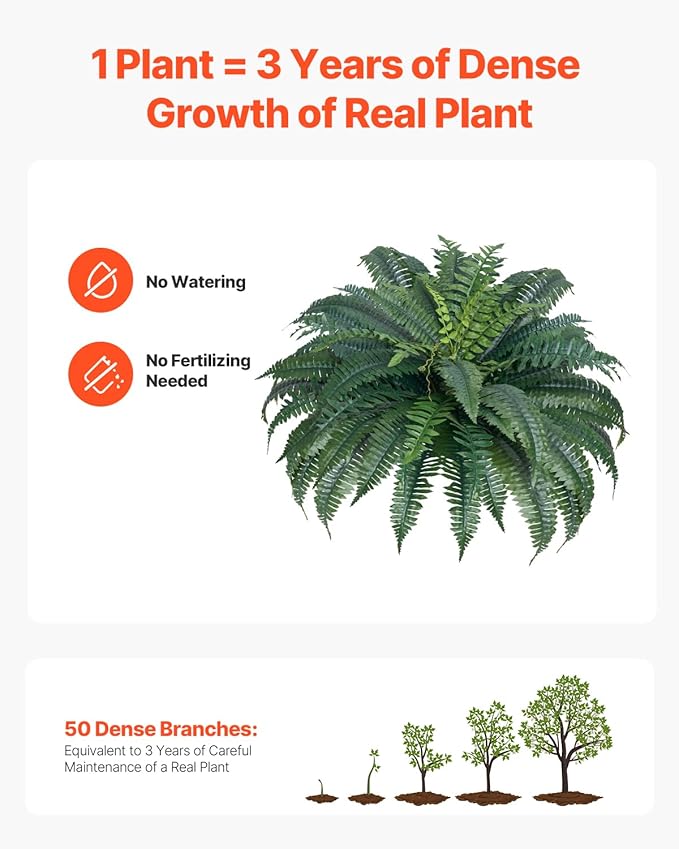 VEVOR Artificial Ferns 2 Pcs, 47 Inch Large Artificial Boston Ferns Plants, Faux Fern with 50 Branches, Artificial Plants Large for Outdoors/Indoor Home, Office,Garden (Flowerpot Unincluded)