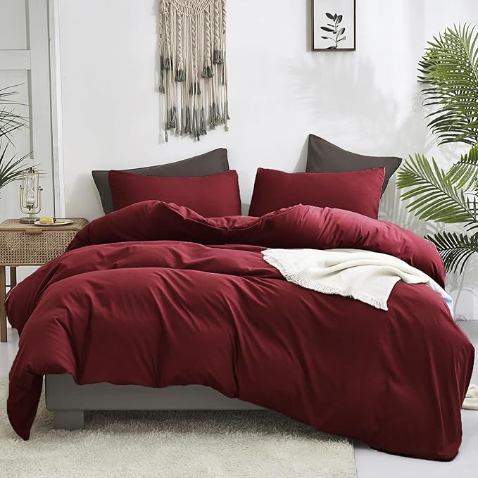 Luxlovery Dark Red Comforter Set Cal King Burgundy Bedding Set California King Women Wine Red Crimson Blanket Quilts Modern Solid Claret 3 Piece Marroon Bedding Comforter Set