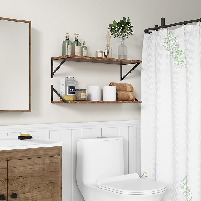 10 Inch Deep Floating Shelves, Floating Shelves 30 Inch Long, Rustic Wood Wall Shelves 30"W x 10"D, Deep Floating Shelf with Bracket, Wide Storage Shelves for Living Room, Bathroom, Rustic Brown