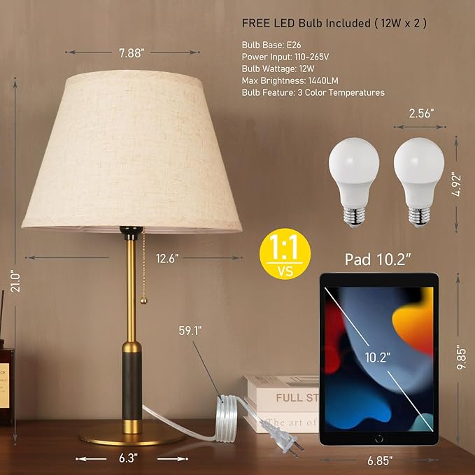 21" Bedside Lamps Set of 2 for Bedroom Living Room Modern Table Lamp Nightstand Lamp for End Tables 3-Color Temperatures Pull Chain Wood Fabric for Home/Office/Desk Decor (Light Brown+Brass)