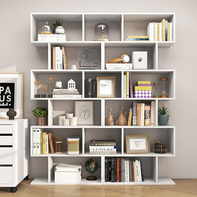 Tangkula 6-Tier Geometric Bookcase, Modern S-Shaped Storage Display Bookshelf for Living Room, Anti-Toppling Device, Home Office Wooden 6 Shelf Open Bookcase (2, White)