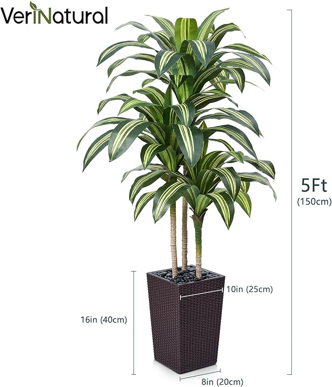 Artificial Dracaena Tree 5ft – UV Resistant Tall Fake Plant with Large Taper Planter & Pebbles– Large Potted Faux Tree for Indoor & Outdoor, Living Room, Office, Porch, Home Decor, VN127