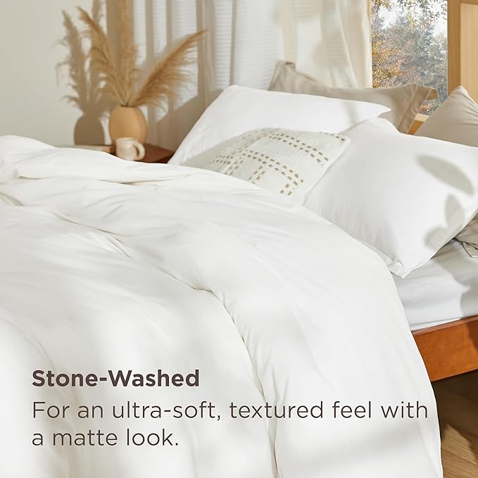 Bedsure 100% Stone Washed Cotton Duvet Cover Queen Size - White Minimalist Cotton Duvet Cover Linen Like for All Seasons - GentleSoft™ Plain Simple Bedding, 3 Pieces (White, Queen, 90"x90")