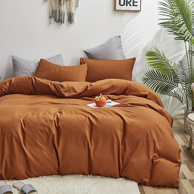 Wellboo Pumpkin Comforter Set King Size Solid Rust Bedding Comforters Plain Terracotta King Comforter Quilts Cotton Dusty Orange Bedding Women Girls Pure Burnt Orange Bed Dark Cinnamon Brown Soft Bed