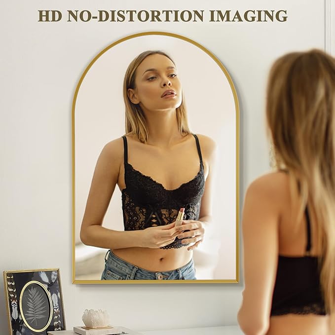 30" x 48" Gold Arched Mirror, Arch Wall Mirror, Metal Frame Black Bathroom Mirror, Arched Top Bathroom Vanity Mirror for Living Room, Bedroom, Entryway, Tempered Glass, Shatter Proof