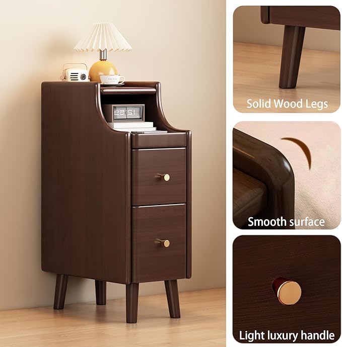 Narrow Nightstand with Drawers, Solid Wood Side Tables with Pull-Out Tray, Mid Century Modern Slim nightstand, Small Spaces Bedside Table, Skinny nightstand for Bedroom Living Room (1)