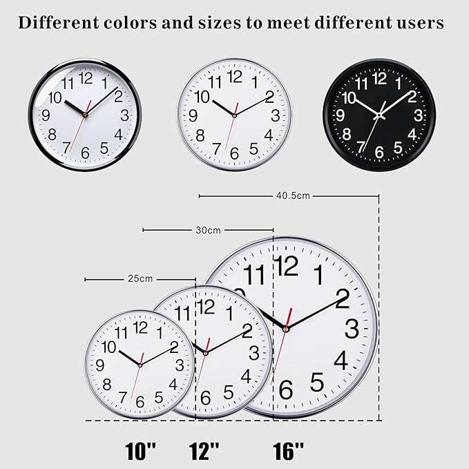 Plumeet Silent Wall Clock - 12" Non Ticking Quartz Black Wall Clocks - Simple Design Wall Clocks for Living Room Decor, Battery Operated, Chrome