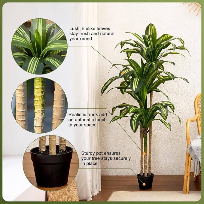 Artificial Dracaena Tree 5FT - Tall Faux Floor Plant with UV-Resistant,Artificial Plants with Lifelike Leaves,Potted Fake Trees for Home, Living Room,Indoor & Outdoor Decor,VN123(Yellow)