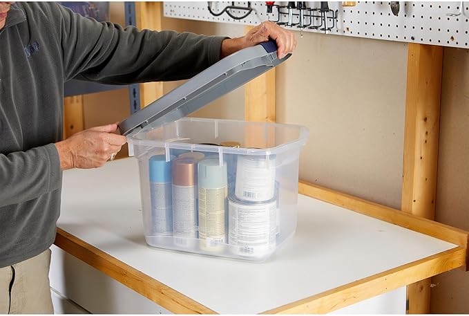 Rubbermaid Roughneck Clear 19Qt/ 4.75 Gal Storage Containers, Pack of 6, with Snap-Fit Grey Lids, Visible Base, Sturdy and Stackable, Great for Storage and Organization