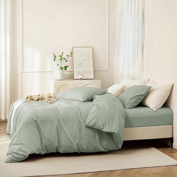 JIYUAN 100% Washed Cotton Duvet Cover Set 3 Pieces King, 1 Duvet Cover 104x90 Inches(Comforter Not Included) and 2 Pillowcases,Linen Feel Bedding Set Comfy and Breathable, Heathered Sage Green