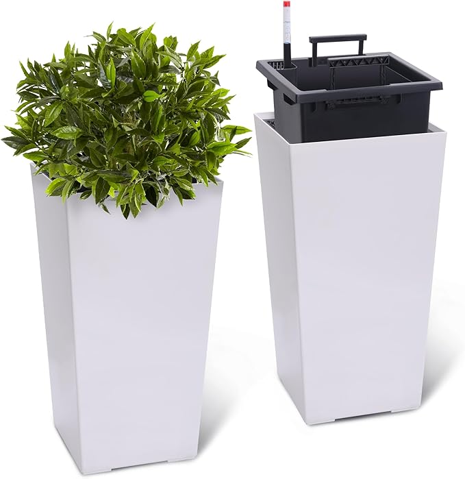 GAOMON 23" Tall Planters Set of 2, Planters for Outdoor＆Indoor Plants, Modern Plant Pots with Drainage Holes＆Water Level Monitor＆Inner Bucket, Automatic Watering, Convenience Instill, White