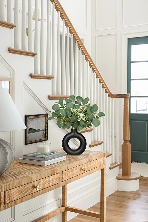 Artificial Eucalyptus Stems in Ceramic Vase 14.23" Fake Eucalyptus Plant Decor Black Donut Vase with Greenery Centerpiece Table Decorations Small Faux Green Plant for Home Farmhouse Wedding Table