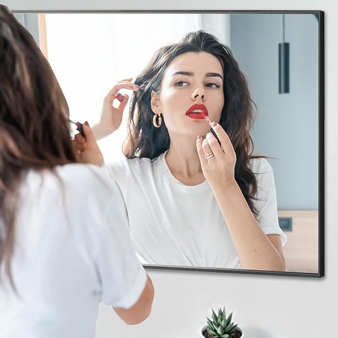 24x30 Inch Black Bathroom Mirror, Copper-Free Mirror, Aluminum Alloy Frame Vanity Mirror, Rectangle Wall Mounted Mirror, Modern Mirror for Bedroom/Living Room/Porch Horizontal or Vertical