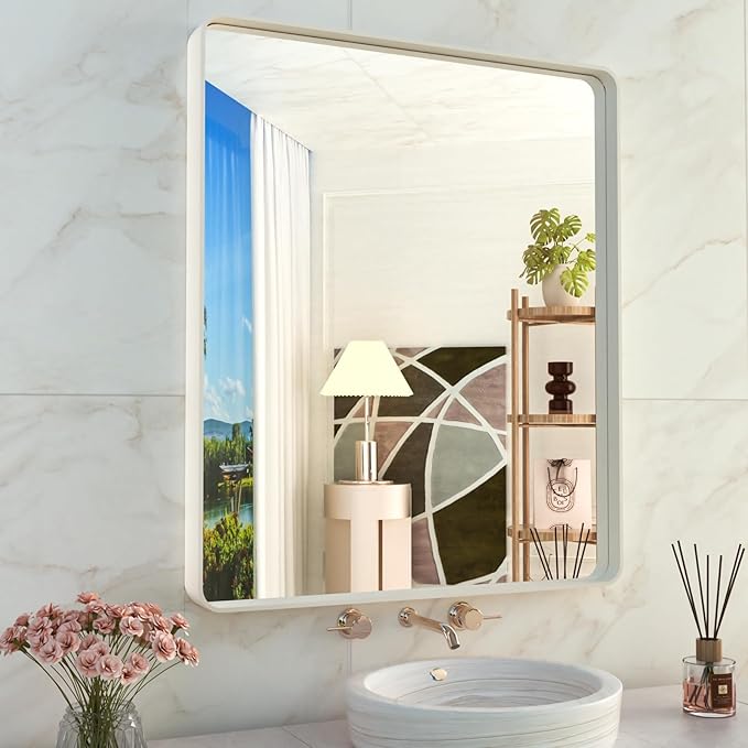 WEER White Bathroom Mirror 28X36 Inch, Rounded Rectangle White Metal Frame Mirror, Matte White Bathroom Vanity Mirror with Tempered Glass, Anti-Rust, Hangs Horizontally or Vertically