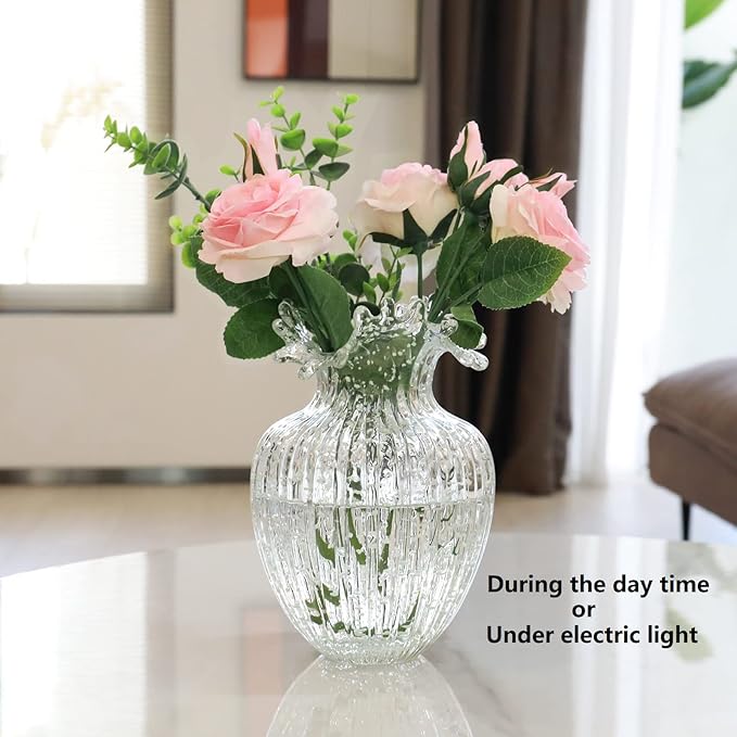 Handmade Glass Flower Vase Luminous Waves Mouth Decorative Vase Vintage Home Decor Rustic Farmhouse Decorations Living Room,Dining Room,Fireplace,Shelf