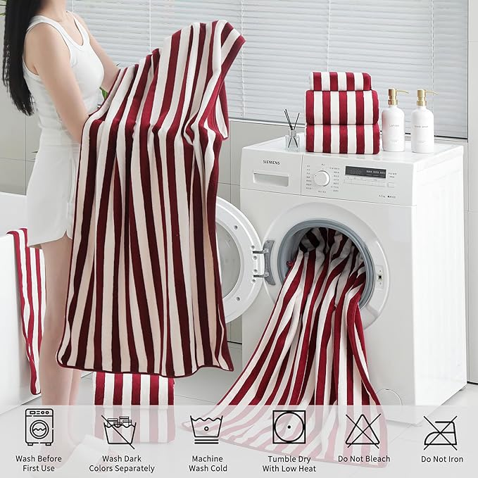18 Pcs Red Cabana Stripe Family Towels Set with Hanging Loop-6 Bath Sheets,6 Hand Towels,6 Washcloths Ultra Soft Bathroom Towel Highly Absorbent Quick Dry Shower Towel for Beach Chair,Spa,Gym,Hotel